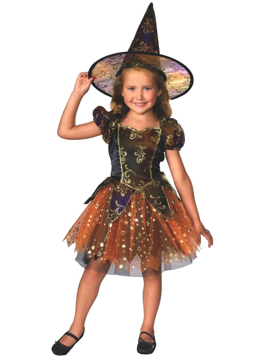 Image of Glittery Orange and Gold Witch Girl's Halloween Costume