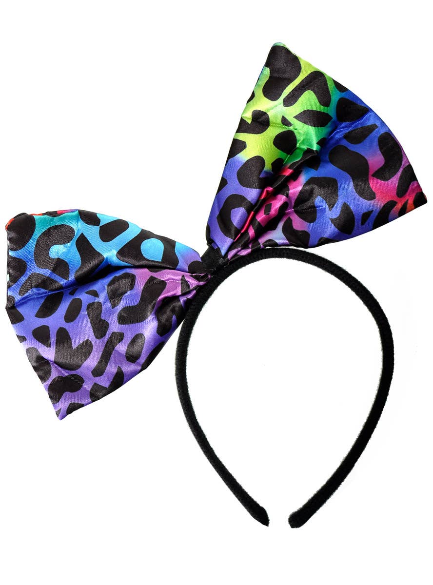 Image of Giant 1980's Rainbow Leopard Print Bow Costume Headband - Main Image 