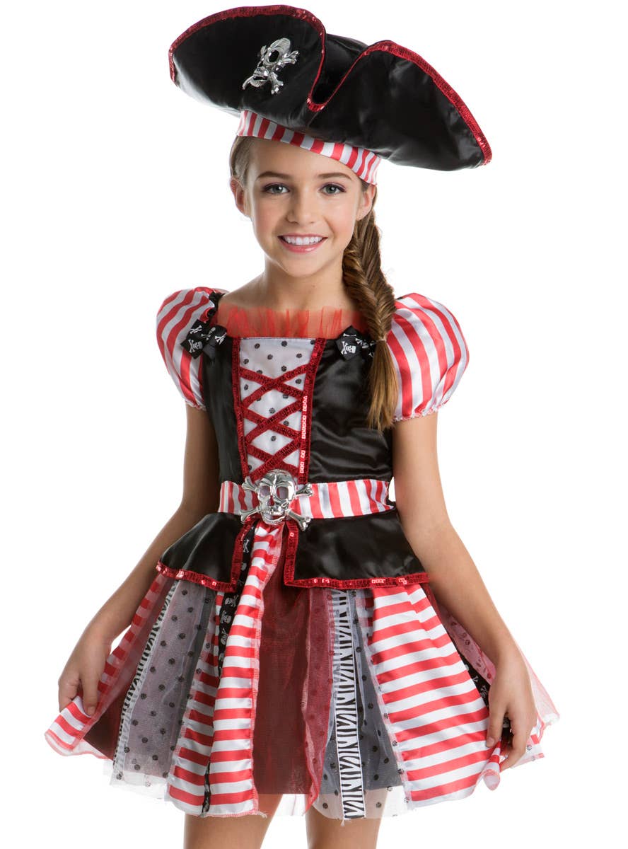 Girls Red and Black Pirate Fancy Dress Costume Close Image