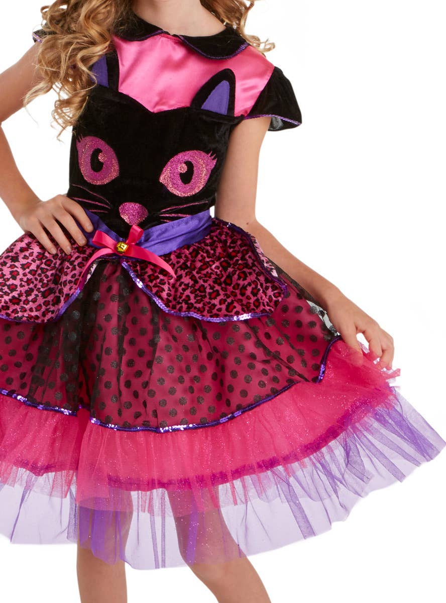 Girls Cute Pink and Black Cat Face Halloween Costume Close Image 2