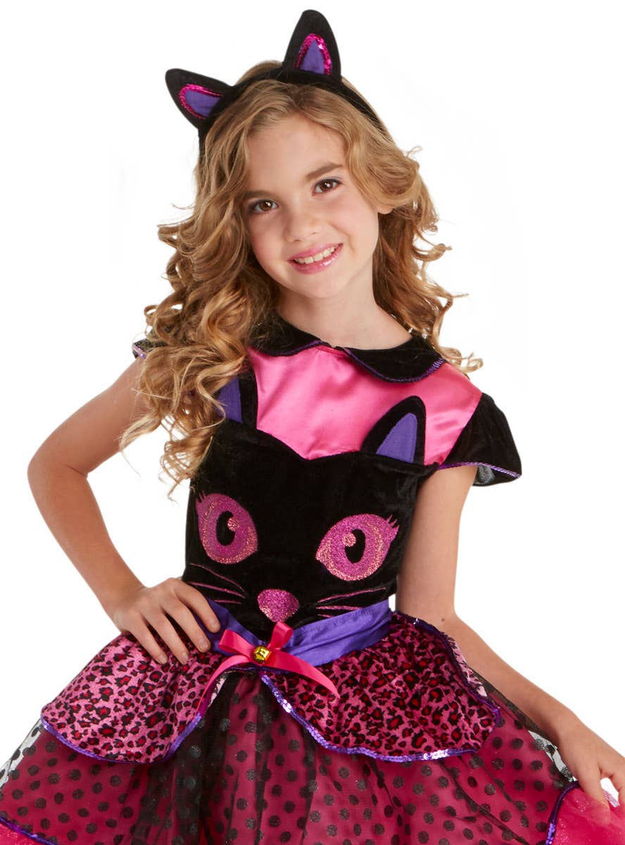 Girls Cute Pink and Black Cat Face Halloween Costume Close Image