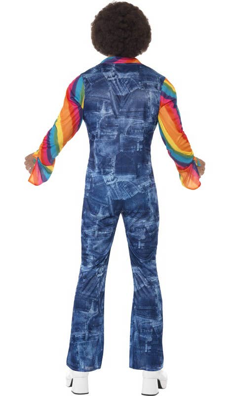 Funky Patchwork Denim Men's 1970s Jumpsuit Disco Costume - Back Image