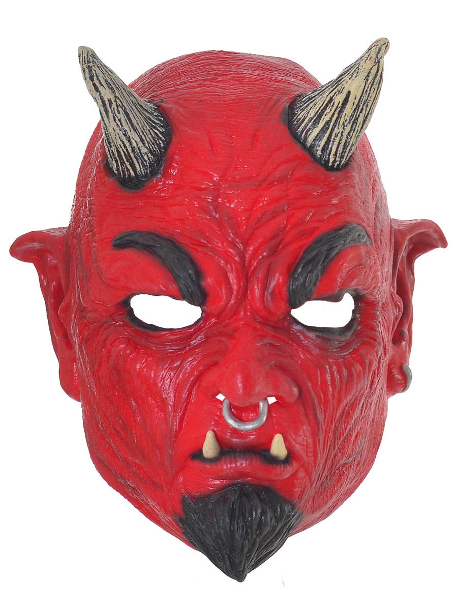 Red Latex Devil Halloween Mask with Horns Front Image