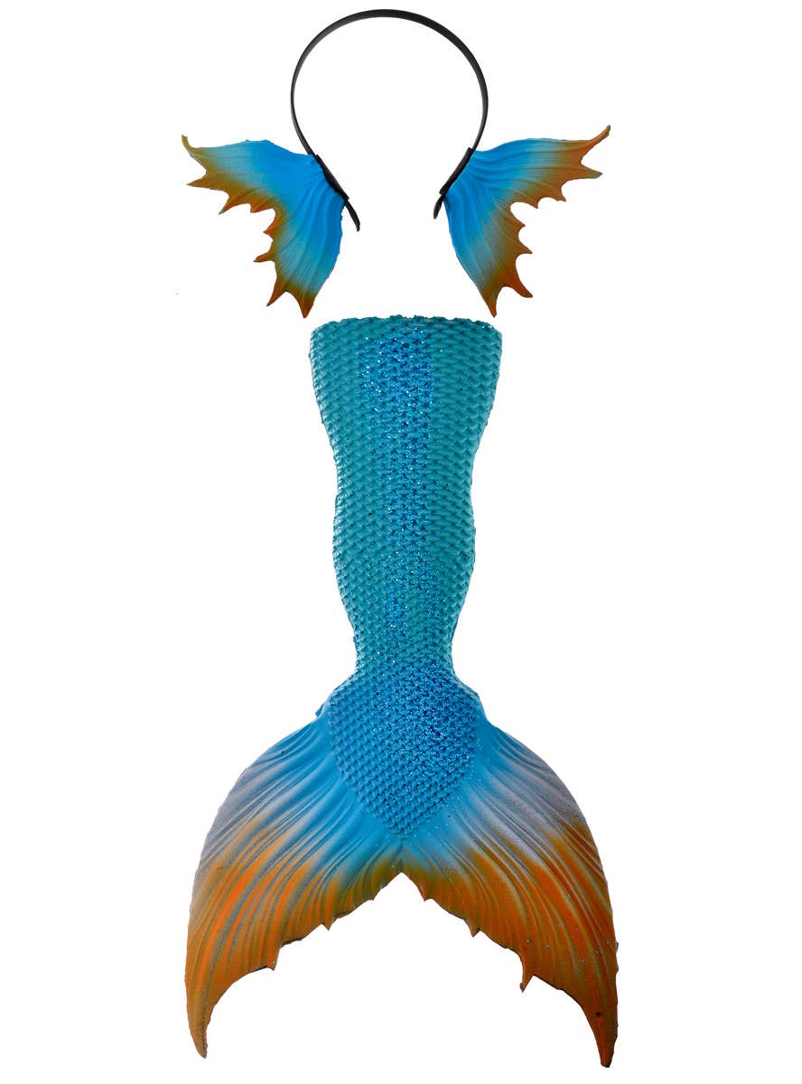 Deluxe  Blue and Orange Latex Mermaid Costume Accessory Set with Tail and Fins Headpiece - Set Image