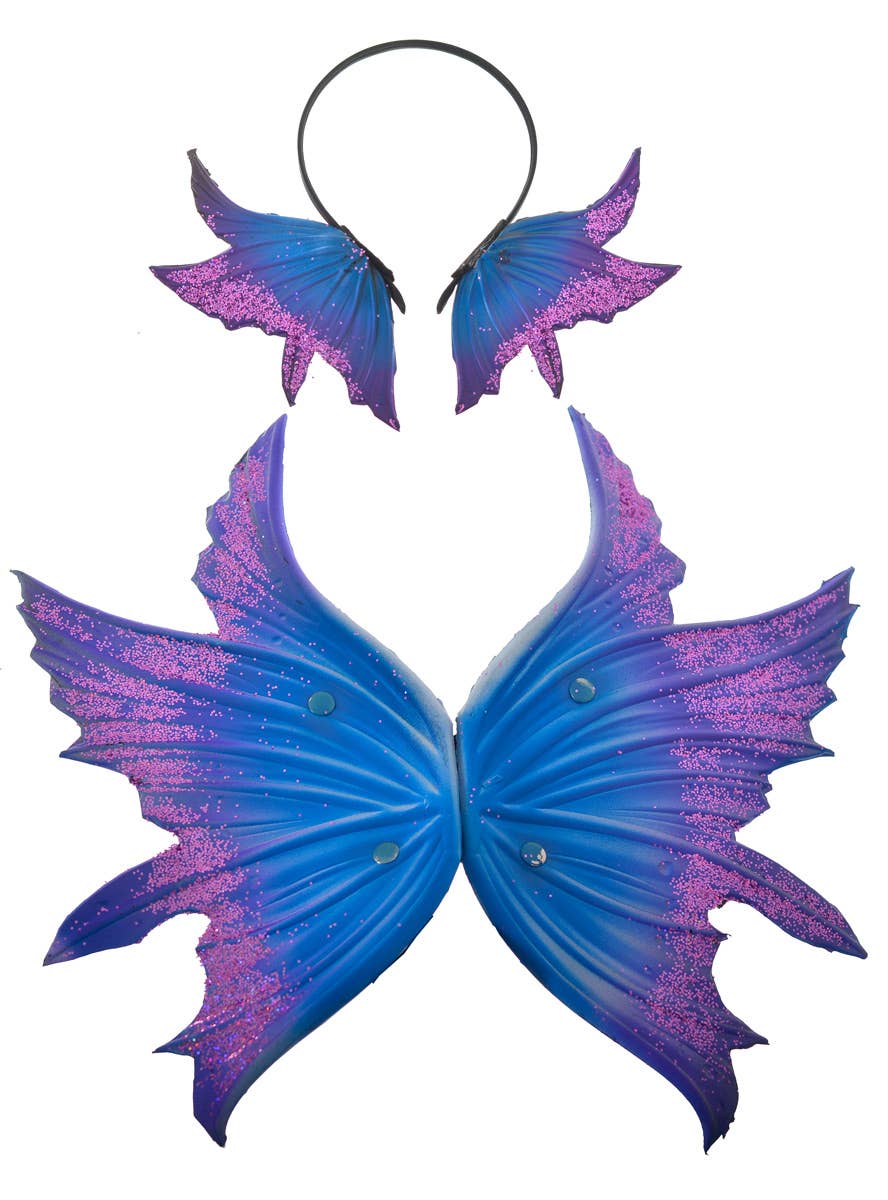 Deluxe Blue and Pink Glitter Latex Fairy Wings and Headpiece Costume Accessory Set - Main Image