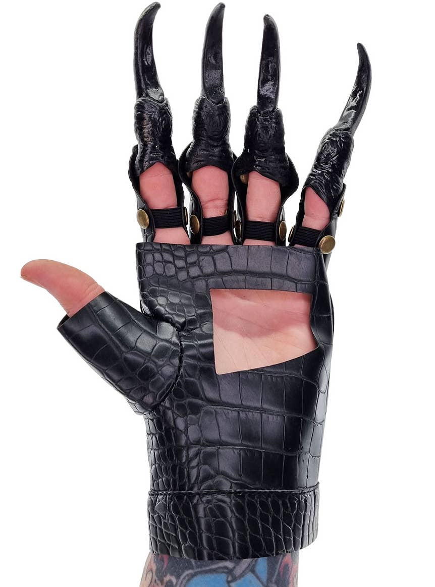 Black Leather Look Scale Print Costume Gloves with Black Rubber Claws - Alternate Image 2