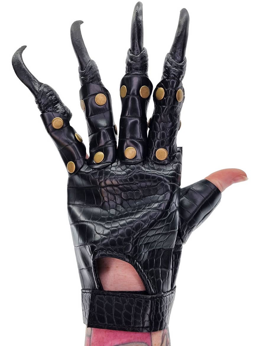 Black Leather Look Scale Print Costume Gloves with Black Rubber Claws - Alternate Image 1