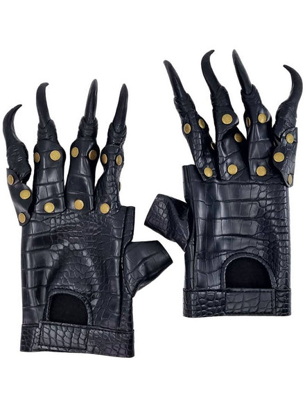 Black Leather Look Scale Print Costume Gloves with Black Rubber Claws - Main Image