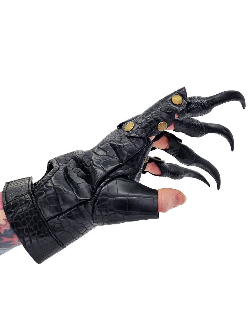 Black Leather Look Scale Print Costume Gloves with Black Rubber Claws - Alternate Image 3