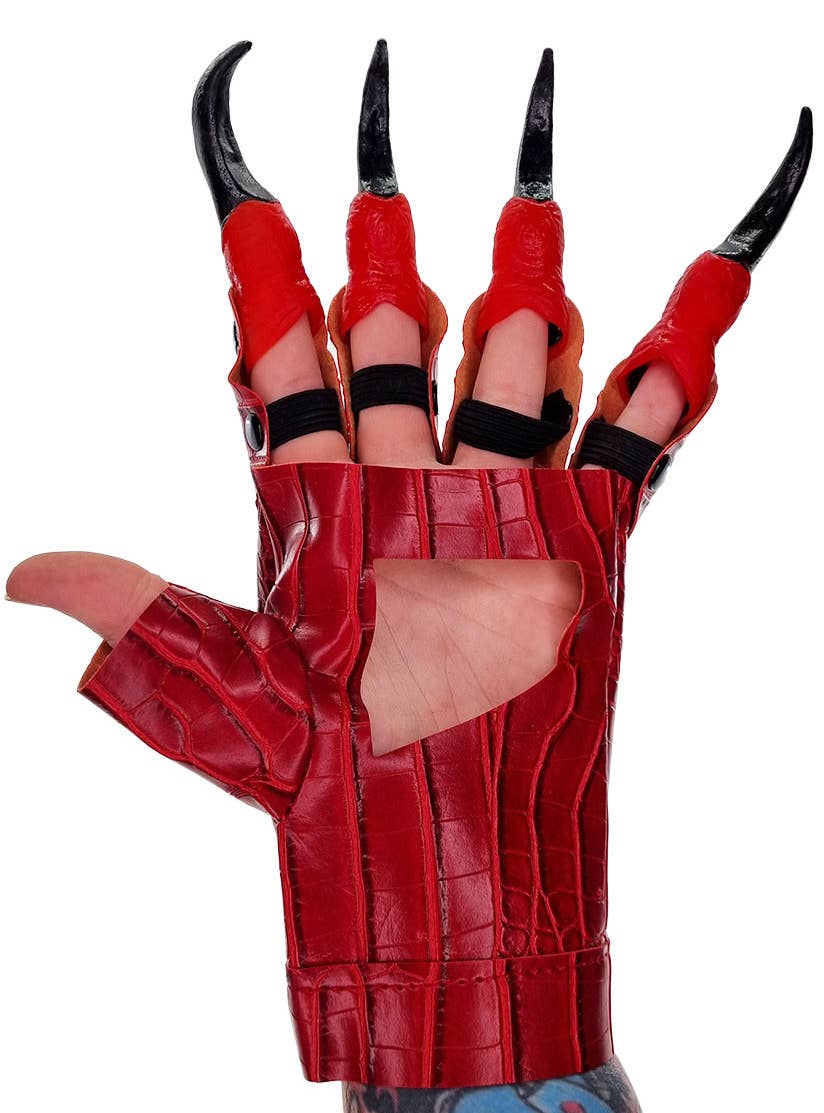 Red Leather Look Scale Print Costume Gloves with Black Rubber Claws - Alternate Image 2