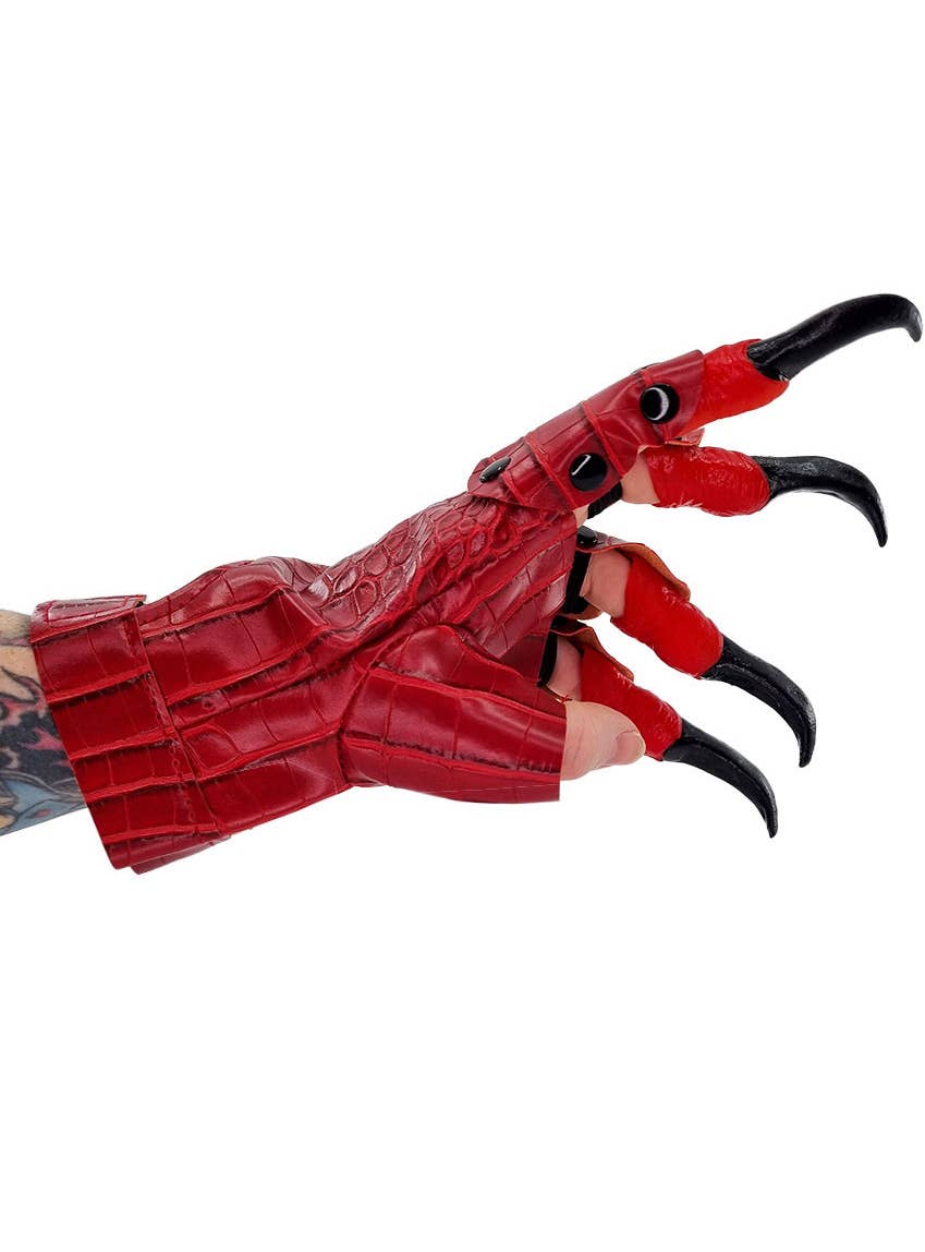 Red Leather Look Scale Print Costume Gloves with Black Rubber Claws - Alternate Image 3