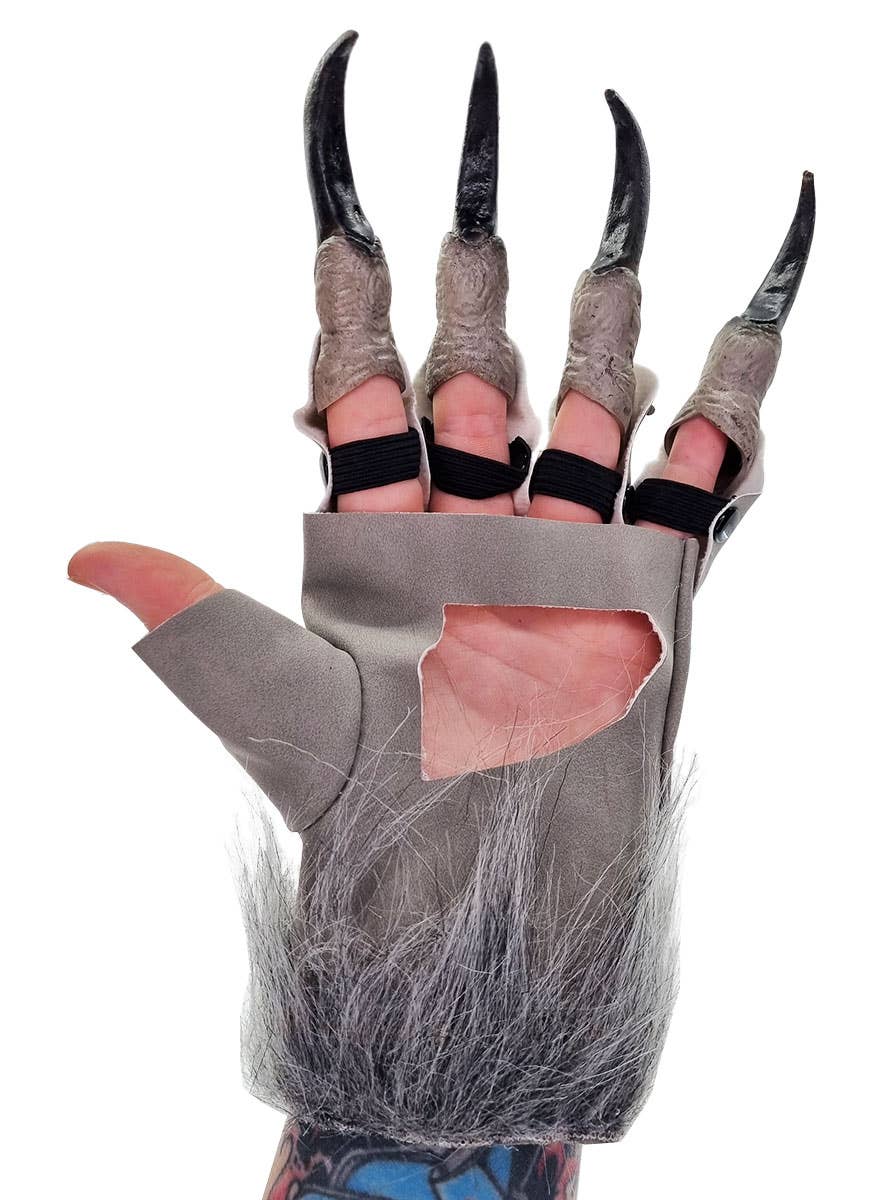 Grey Faux Suede Werewolf Costume Gloves with Black Rubber Claws - Alternate Image 1