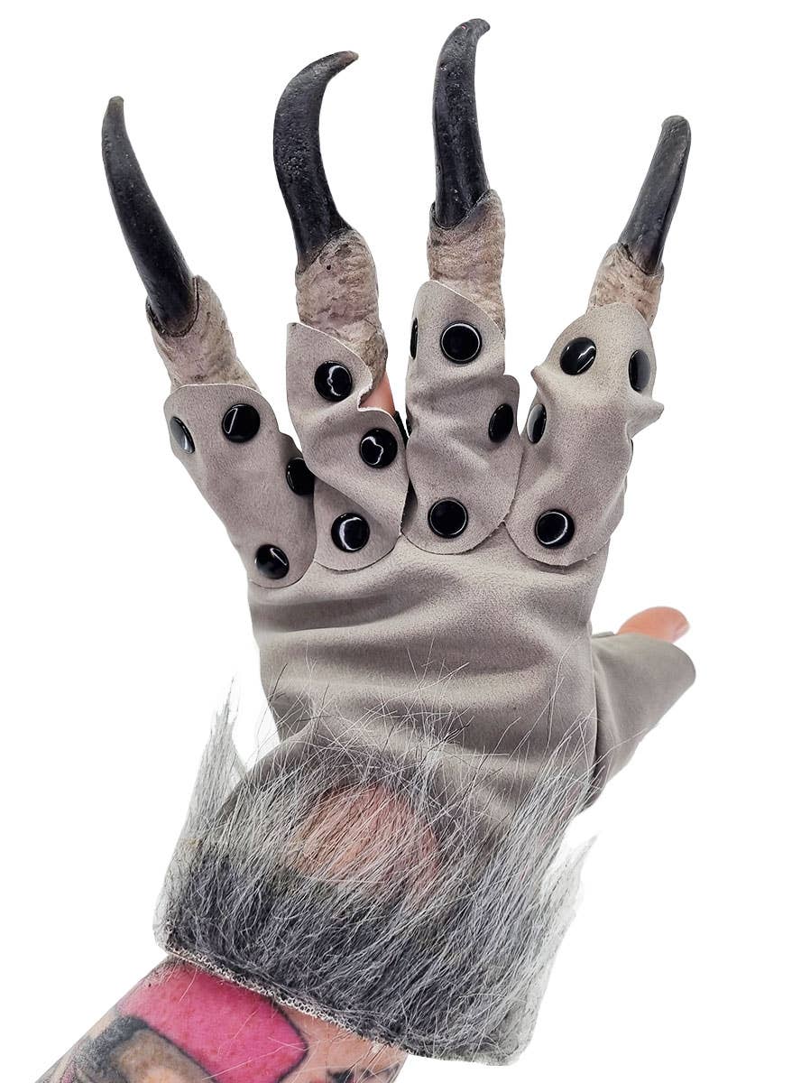 Grey Faux Suede Werewolf Costume Gloves with Black Rubber Claws - Alternate Image 2