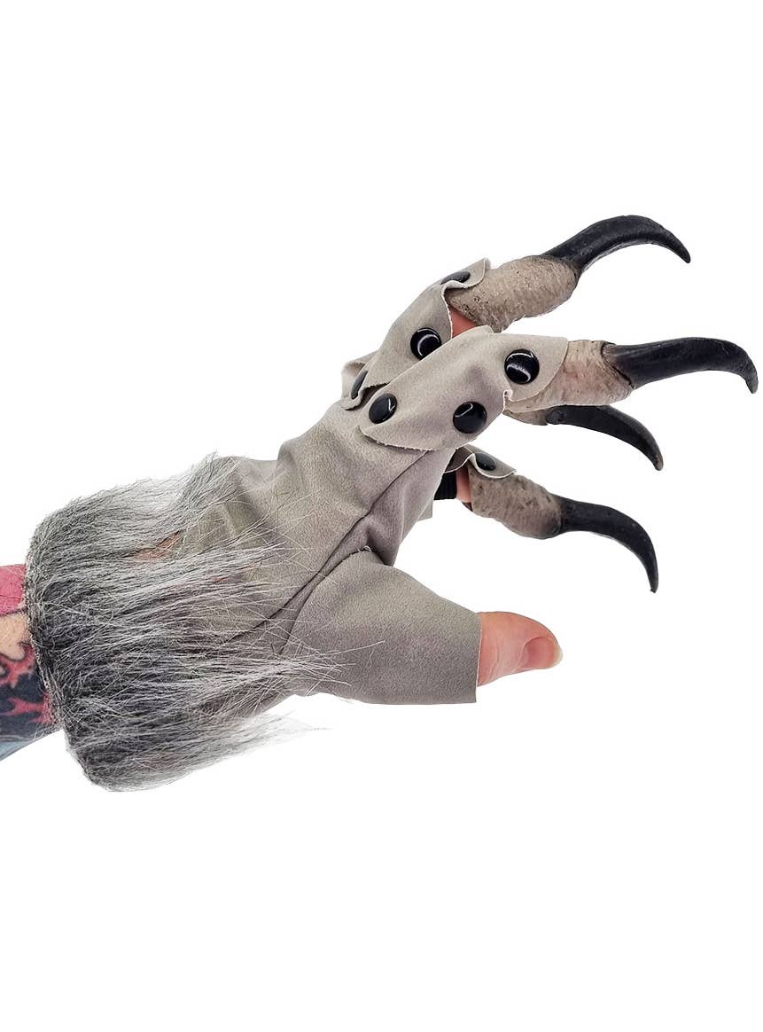 Grey Faux Suede Werewolf Costume Gloves with Black Rubber Claws - Alternate Image 3