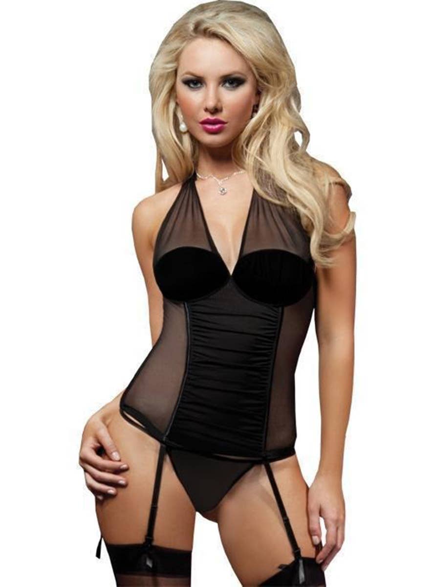 Image of Perfectly Glamorous Womens Sexy Black Mesh Overlay Corset Top