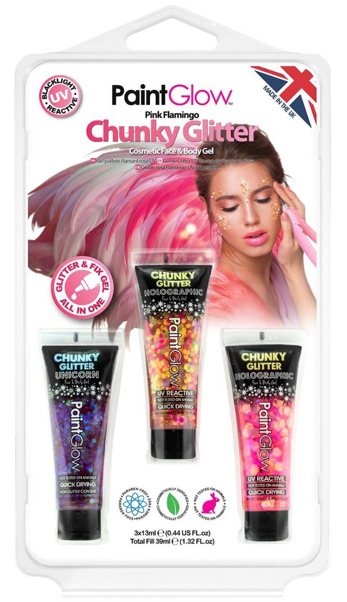 Pink Flamingo 3 Pack of UV Reactive Chunky Glitter Gel Makeup by PaintGlow Product Image