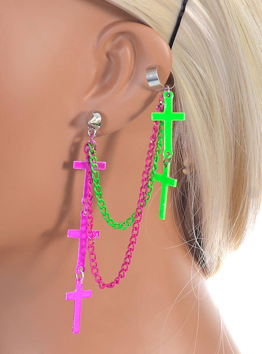 Image of 1980s Pink and Green Chains and Crosses Costume Earring Cuff - Close Image