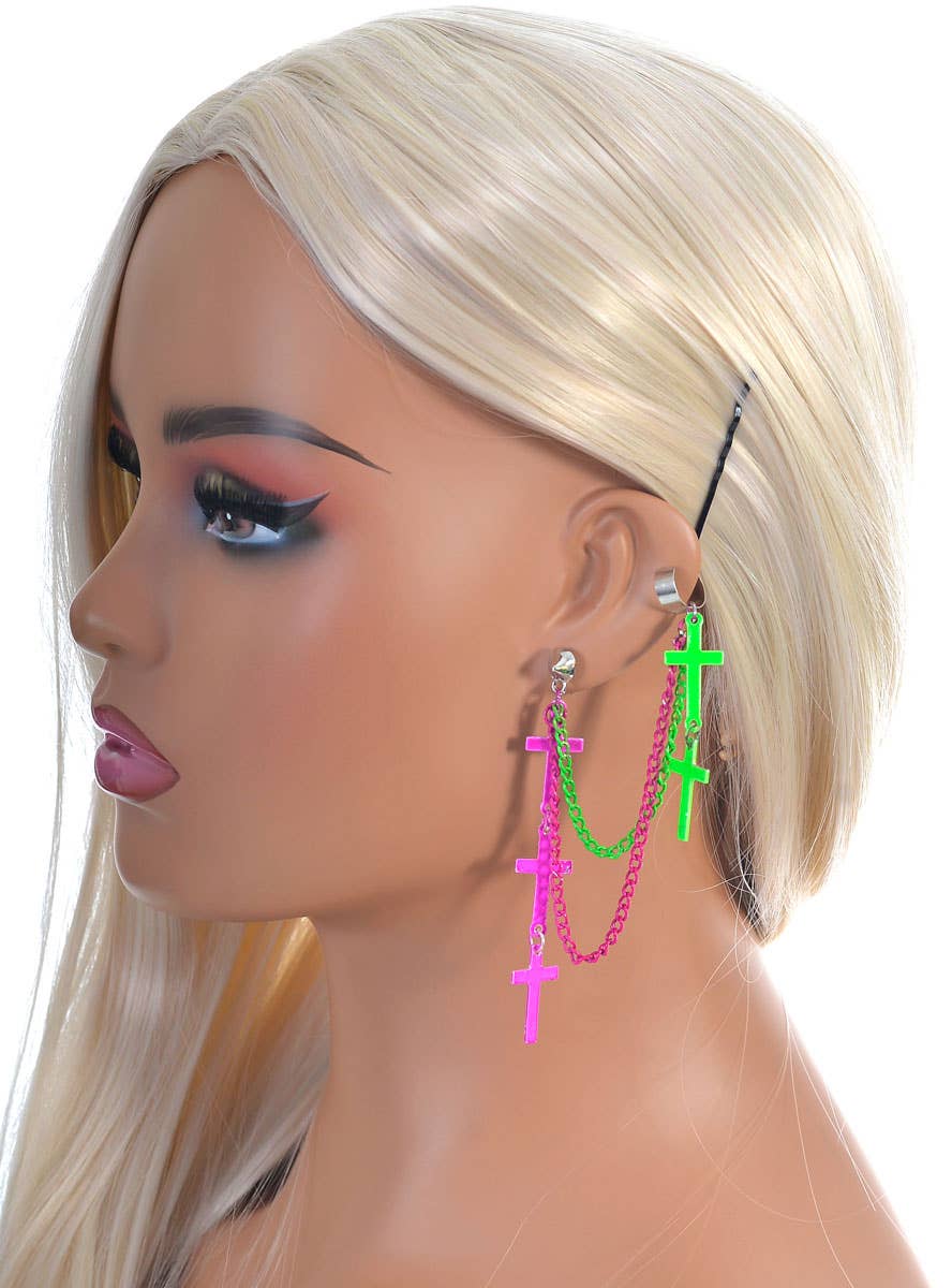 Image of 1980s Pink and Green Chains and Crosses Costume Earring Cuff - Alternate Image