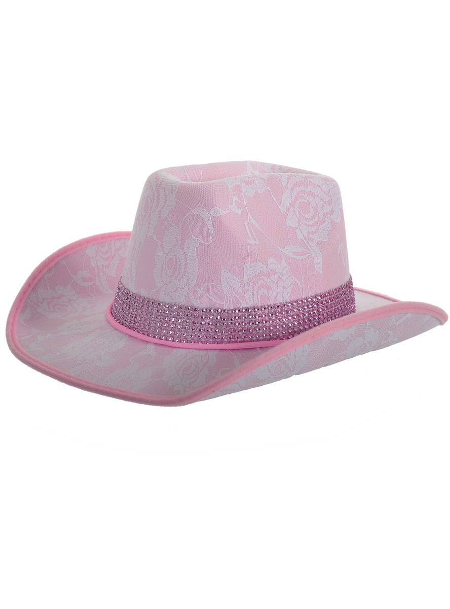 Image of Lace Pink Cowgirl Festival Hat with Rhinestone Band - Main Image