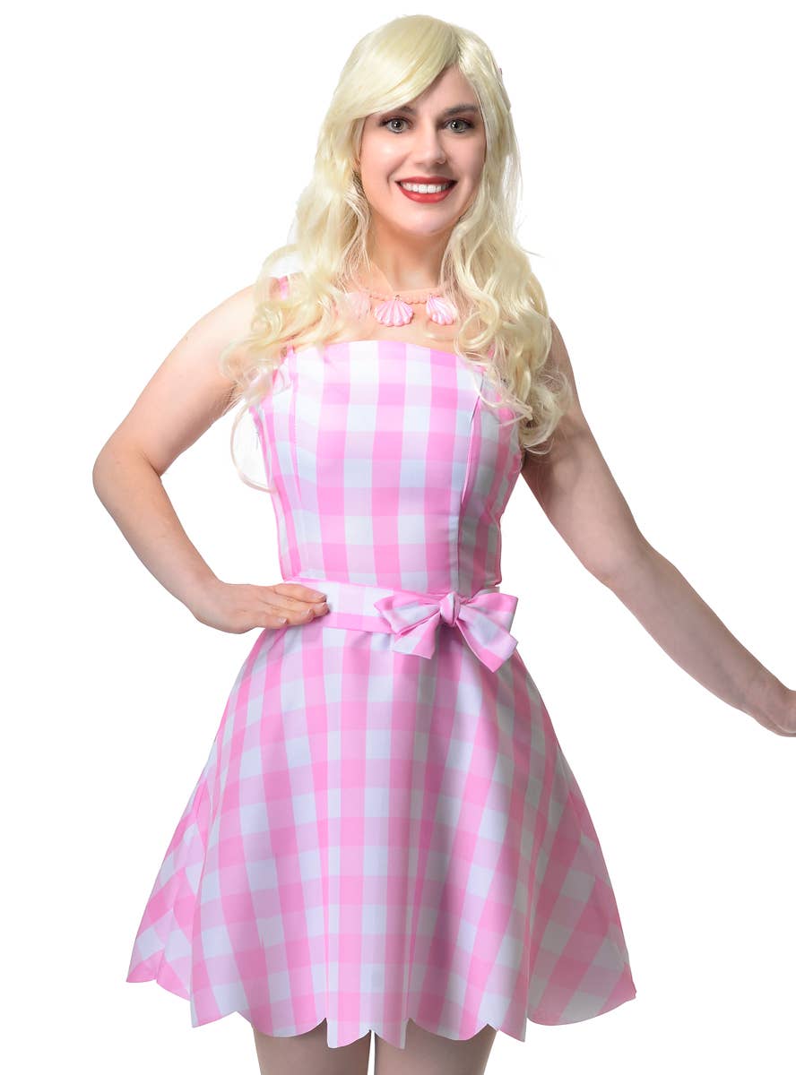 Image of Pastel Pink Womens Gingham Barbie Costume - Close Up Image