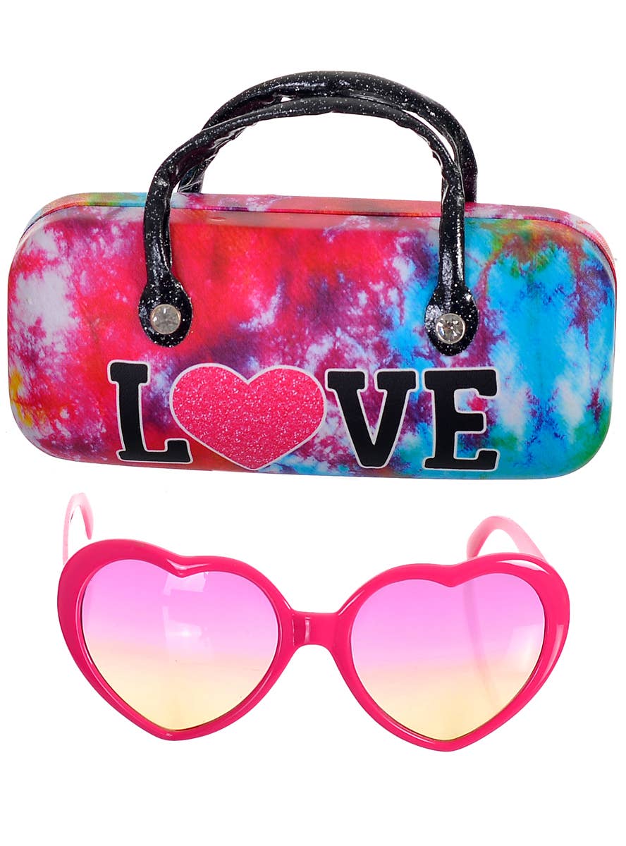 Heart Shaped Pink Costume Glasses with 70s Tie Dye Case