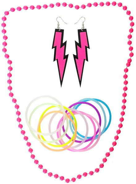Image of Neon Pink 3 Piece 1980s Costume Accessory Set - Product Image