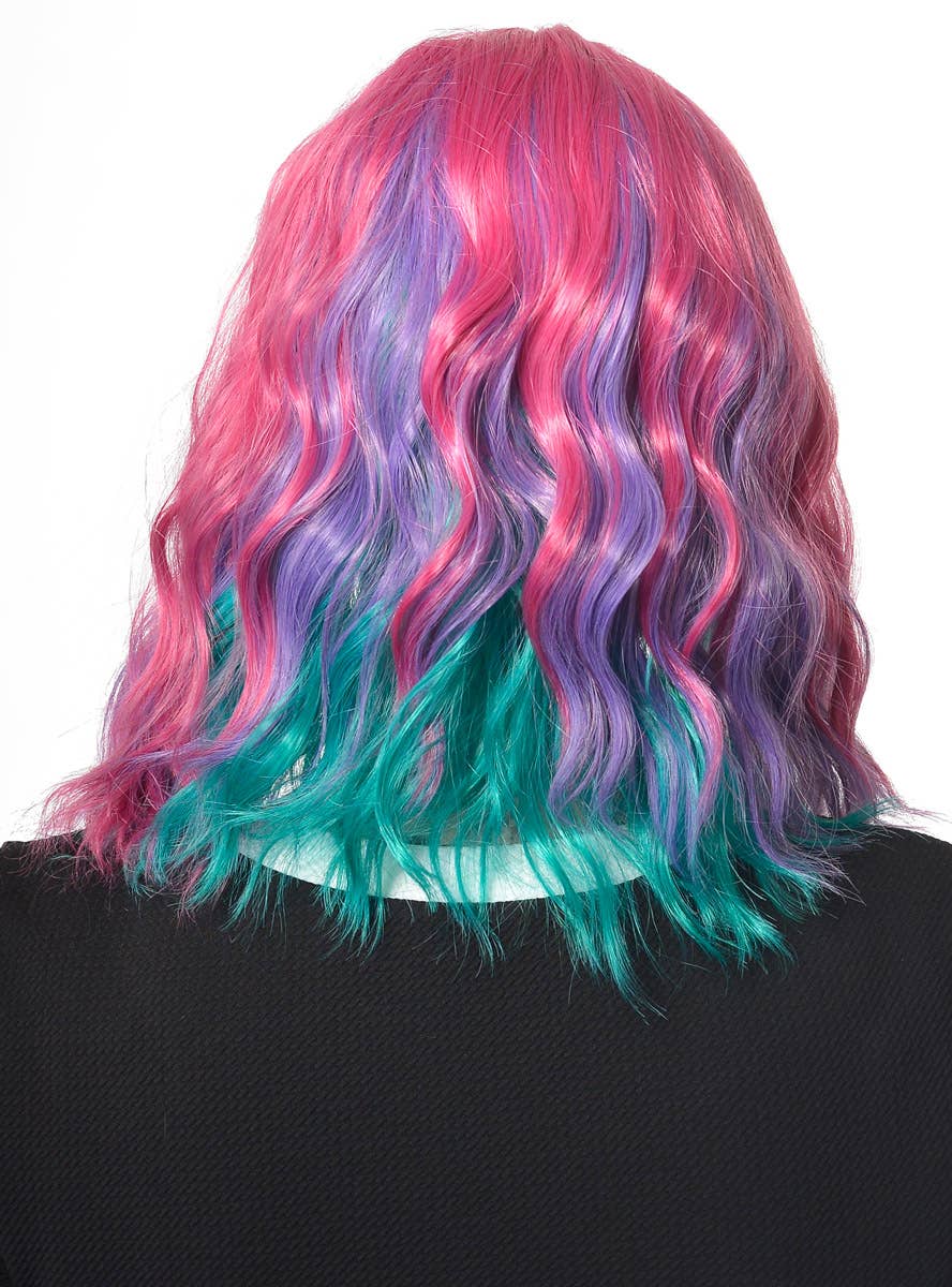 Image of Mid Length Wavy Pink Purple and Teal Women's Costume Wig - Back View