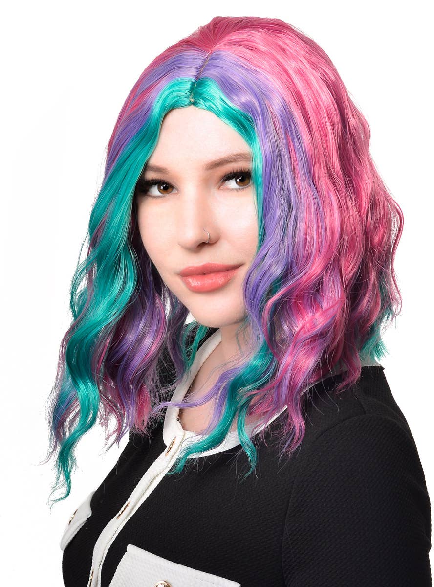 Image of Mid Length Wavy Pink Purple and Teal Women's Costume Wig - Side View