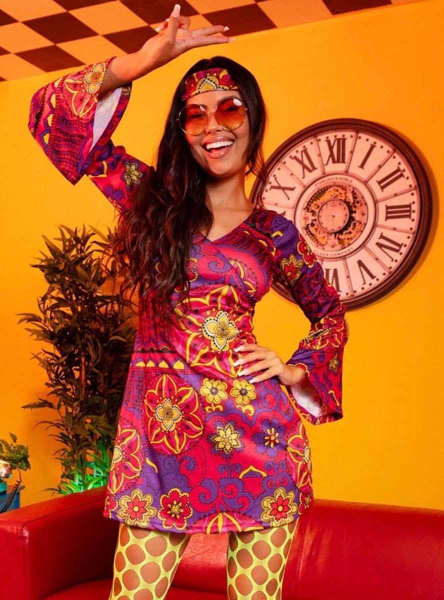 Pink 1960s Retro Fancy Dress Hippie Costume for Women - Lifestyle Image 2