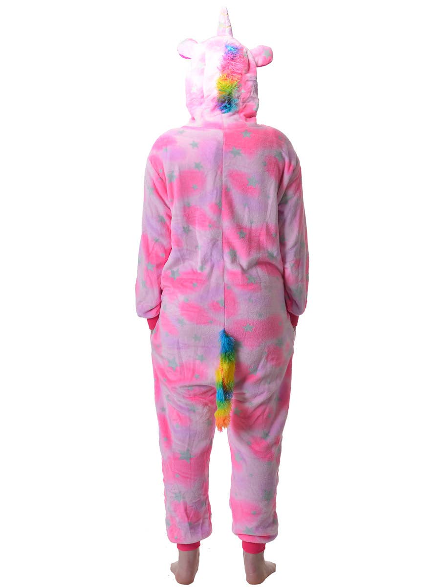 Image of Plush Pink Star Print Adult's Unicorn Costume Onesie - Back View