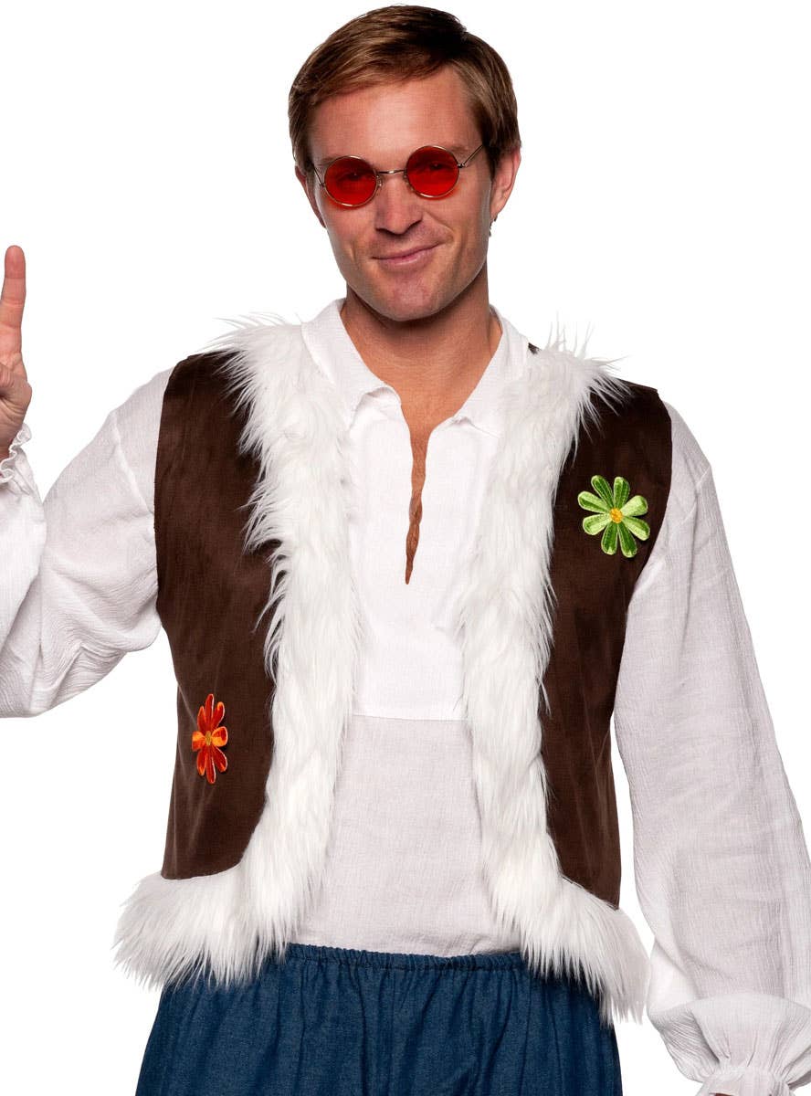 Image of Woodstock Plus Size Mens 70s Hippie Costume Vest with Fur