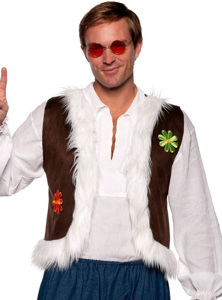 Image of Woodstock Plus Size Mens 70s Hippie Costume Vest with Fur