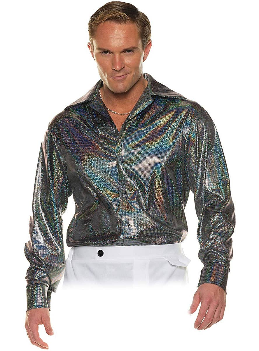 Image of Holographic Plus Size Men's 1970s Disco Costume Shirt