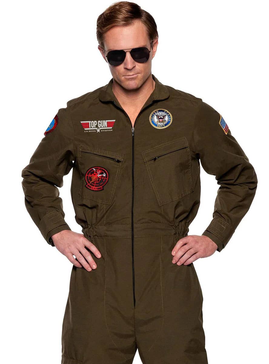 Image of Top Gun Men's Plus Size Pilot Flight Suit Costume - Close Up Image