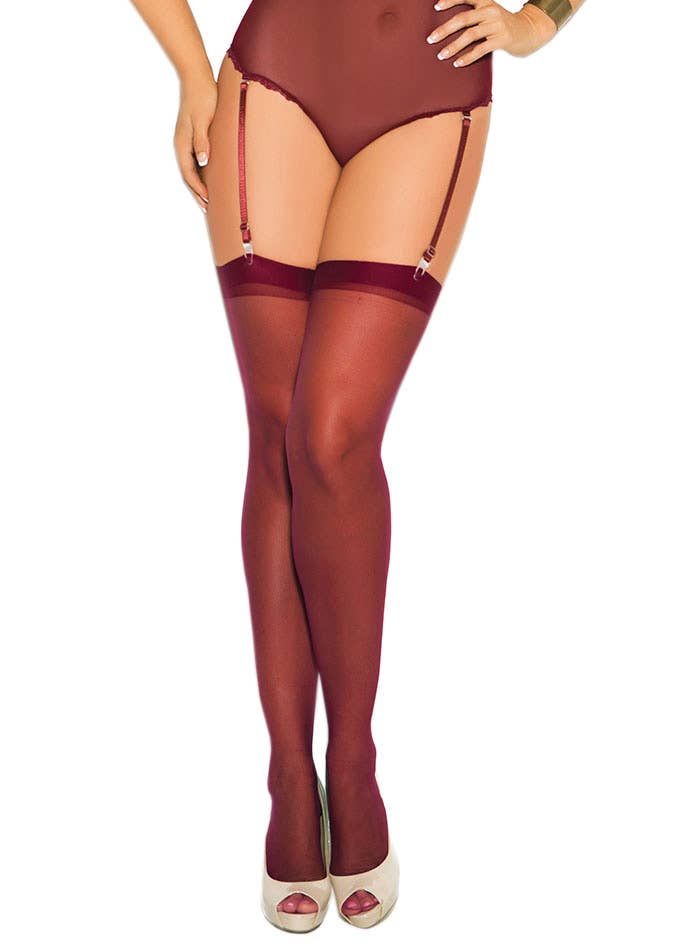 Image of Sheer Burgundy Plus Size Thigh High Women's Stockings