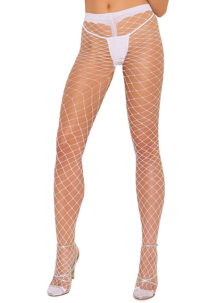 Image of Diamond Plus Size Women's White Fishnet Pantyhose