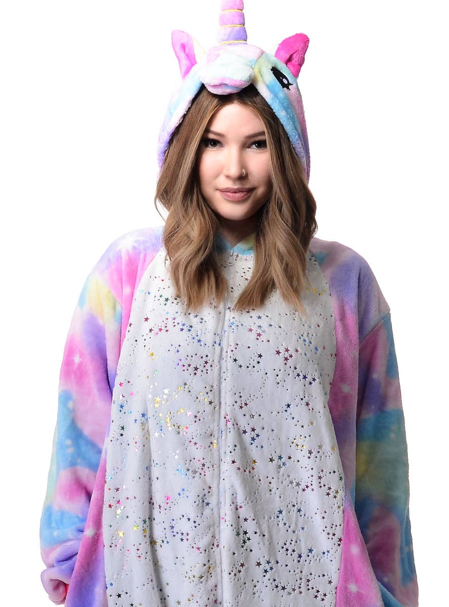 Image of Metallic Star Print Unicorn Onesie Adults Costume - Close Up