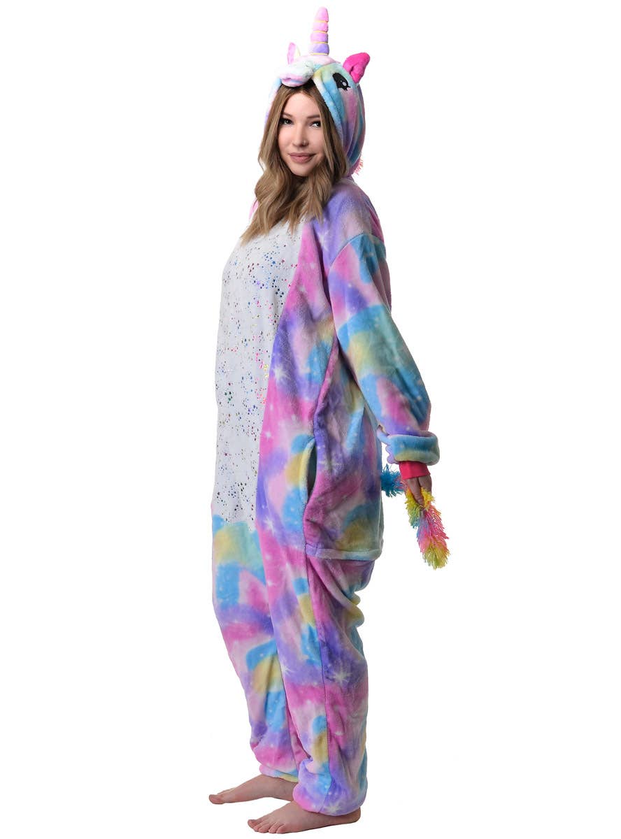 Image of Metallic Star Print Unicorn Onesie Adults Costume - Side Image