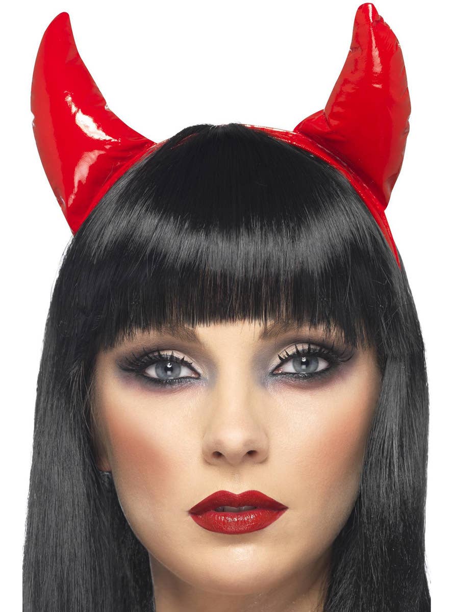 Image of Plush Red Vinyl Devil Horns Halloween Costume Headband - Main Image