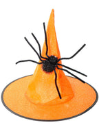 Image of Pointed Orange Witch Hat With Spider Halloween Accessory