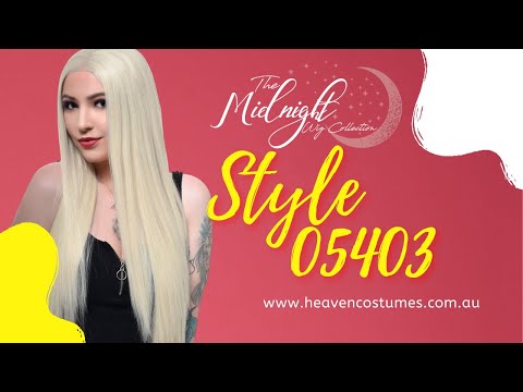 A video of someone modelling a blonde wig with information about the wig on the side.