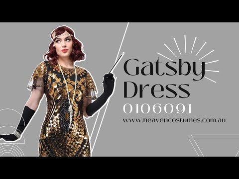 A person modelling this women's black and gold sequin 1920s Gatsby costume dress.