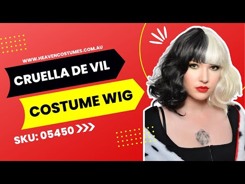 A person dressed up as Cruella de Vil, modelling this half black and half blonde Cruella wig.