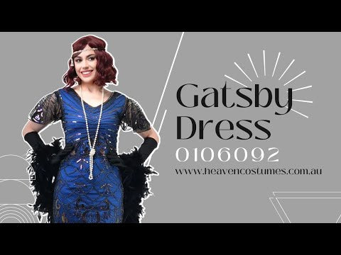 A person modelling this women's blue and black sequin 1920s Gatsby costume dress.