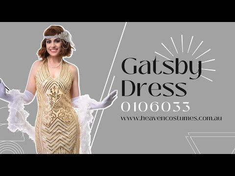 A person dancing and modelling this women's cream and gold sequin 1920s Gatsby costume dress.