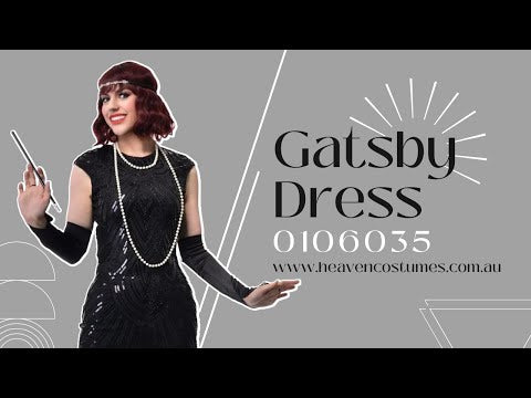 A person dancing and modelling this women's black sequin 1920s Gatsby costume dress.