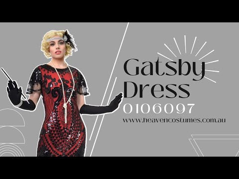 A person dancing and modelling this women's red and black sequin 1920s Gatsby costume dress.