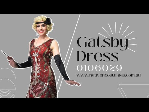 A person dancing and modelling this women's red and gold sequin 1920s Gatsby costume dress.