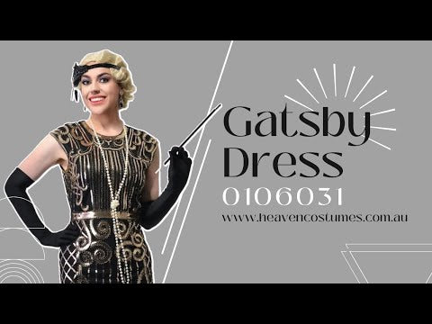 A person dancing and modelling this women's black and gold sequin 1920s Gatsby costume dress.