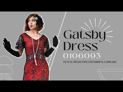 A person dancing and modelling this women's red and black sequin 1920s Gatsby costume dress.